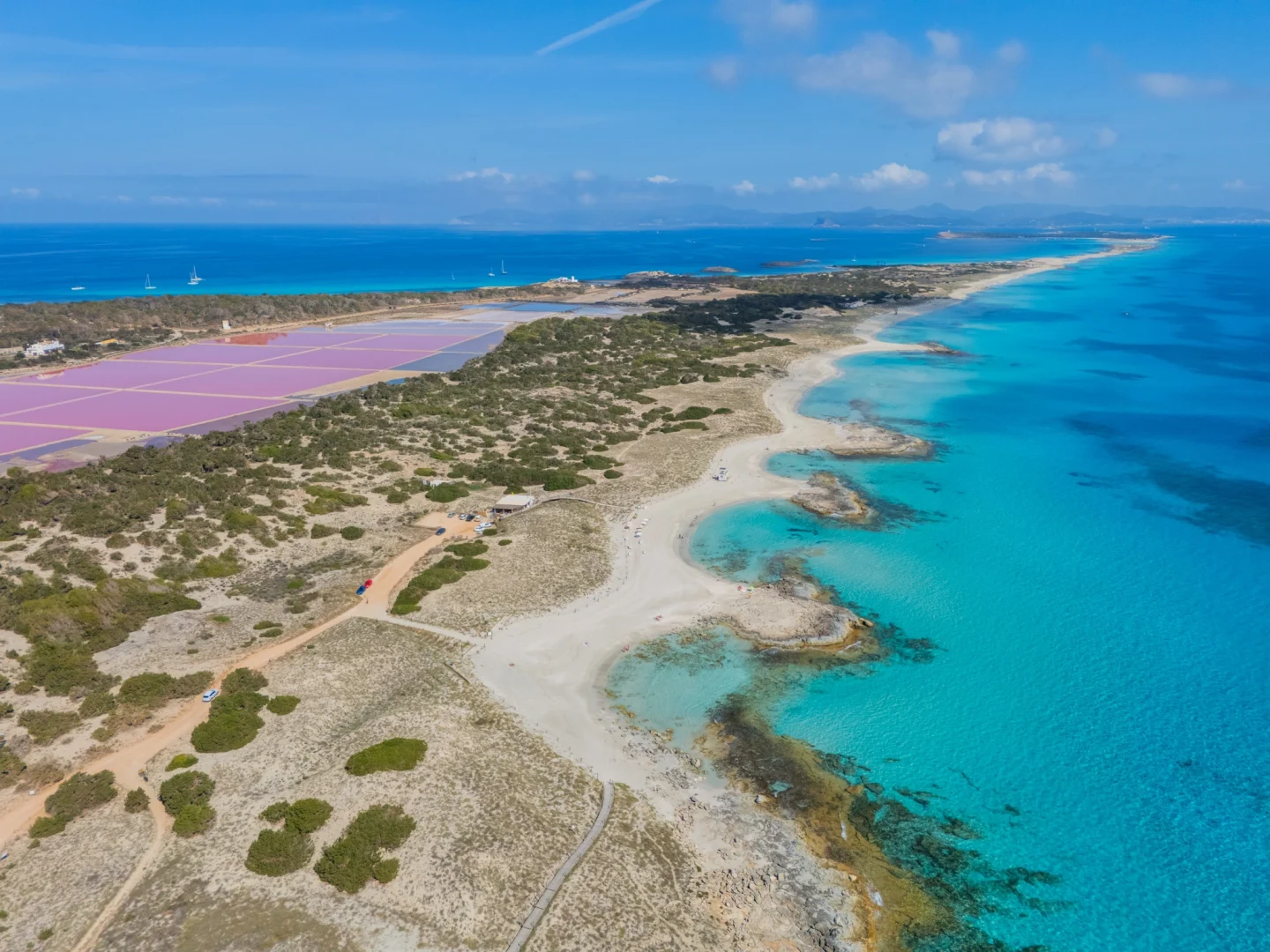 Aerial view of the beaches and salt marshes of Ses Illetes in Formentera, one of the iconic scenarios used by Formentera Break in its tourism marketing strategy.