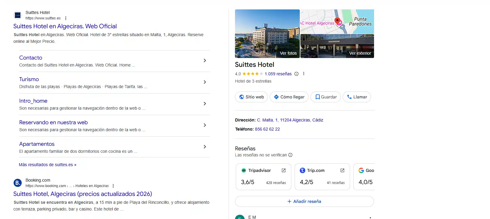 Resultado de búsqueda de hotel con ficha de Google My Business.